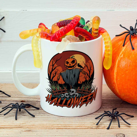 Bedruckte Tasse mit Motiv im Halloween Vogelscheuche Design