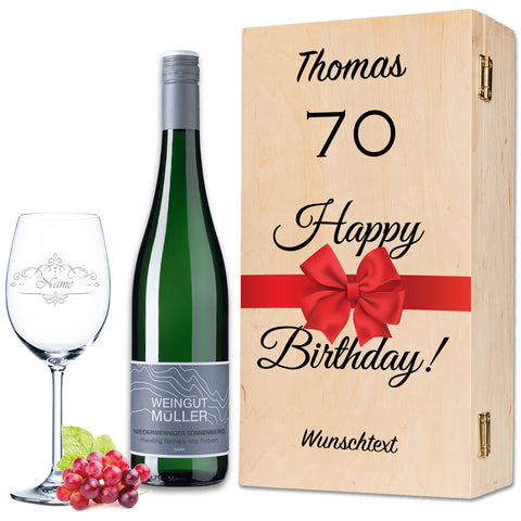 Leonardo Weinglas "Happy Birthday 70 Jahre" + Holzkiste & Riesling Tandem