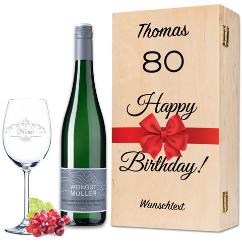 Leonardo Weinglas "Happy Birthday 80 Jahre" + Holzkiste & Riesling Tandem