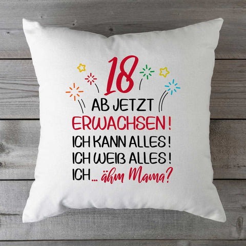 Bedrucktes Kissen mit Motiv Ab jetzt erwachsen 18