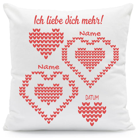 Bedrucktes Kissen mit Motiv Ich Liebe Dich Mehr Herzen