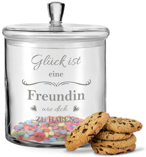 Leonardo Keksglas mit Gravur "Glück ist eine Freundin"