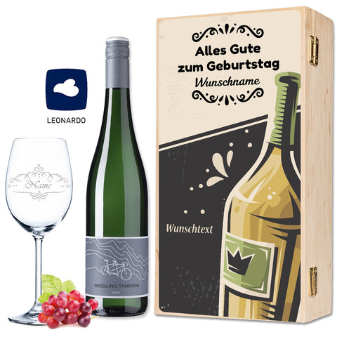 Leonardo Weinglas "Alles Gute zum Geburtstag" inkl. bedruckter Holzkiste + Riesling Tandem