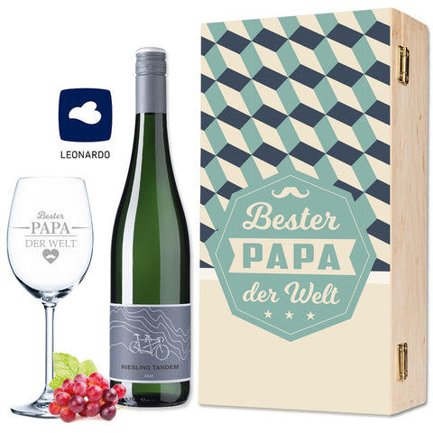 Leonardo Weinglas Bester Papa der Welt inkl. bedruckter Holzkiste Retro Design + Riesling Tandem