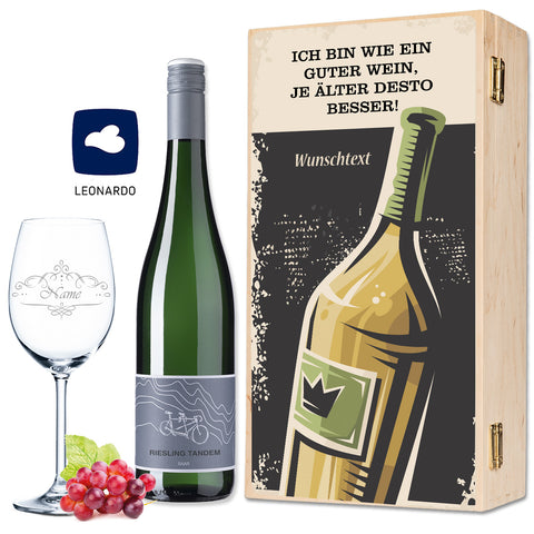 Leonardo Weinglas "Ich bin wie ein guter Wein" inkl. bedruckter Holzkiste + Riesling Tandem