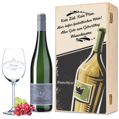 Leonardo Weinglas "Kein Ziel. Kein Plan." inkl. bedruckter Holzkiste + Riesling Tandem