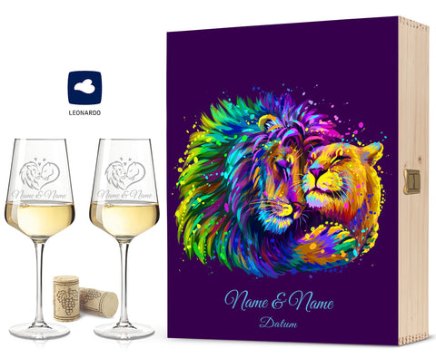 Leonardo Weingläser mit Gravur im "Lion Love" Design als Set inkl. bedruckter Holzkiste