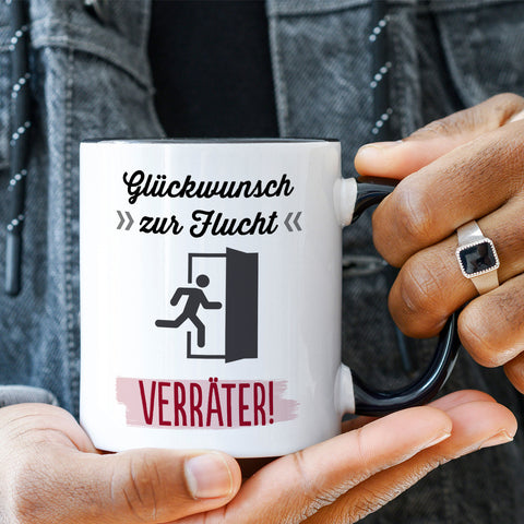 Bedruckte Tasse mit Spruch Glückwunsch zur Flucht