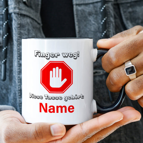 Bedruckte Tasse mit Spruch Finger weg!