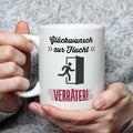 Bedruckte Tasse mit Spruch Glückwunsch zur Flucht