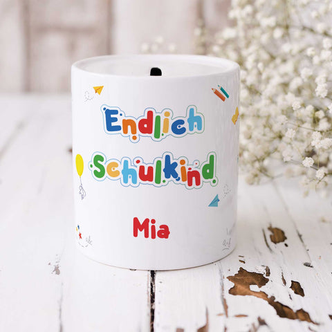 Bedruckte Spardose für Kinder - Endlich Schulkind Design - mit Namen personalisiert