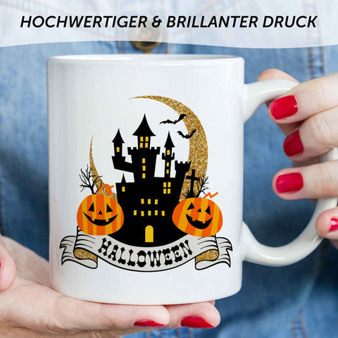 Bedruckte Tasse mit Motiv im Halloween Schloss Design