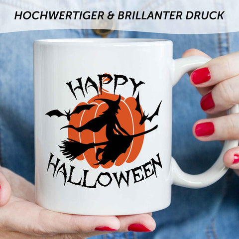 Bedruckte Tasse mit Motiv im Happy Halloween Hexen Design