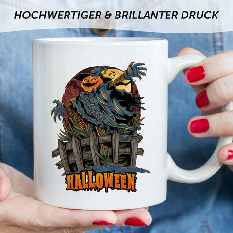 Bedruckte Tasse mit Motiv im Halloween Vogelscheuche Design