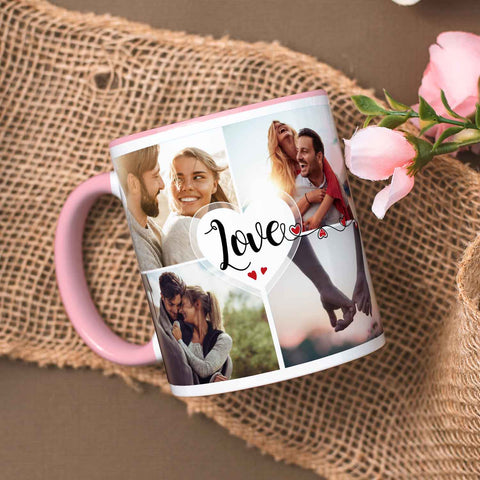 Bedruckte Tasse mit dem Spruch Love und acht eigenen Fotos