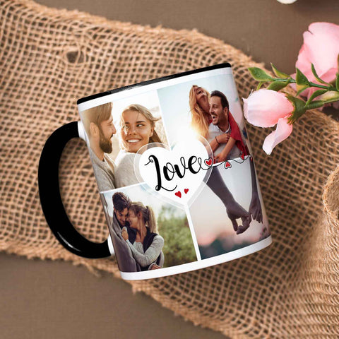 Bedruckte Tasse mit dem Spruch Love und acht eigenen Fotos