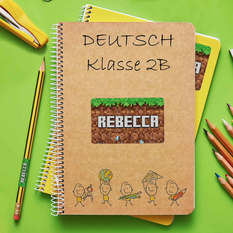 Schuletiketten mit Namen - Pixel Erde Design - 100 Aufkleber in verschiedenen Größen