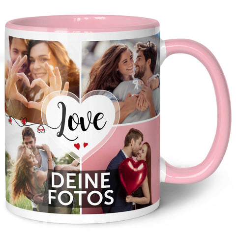 Bedruckte Tasse mit dem Spruch Love und acht eigenen Fotos