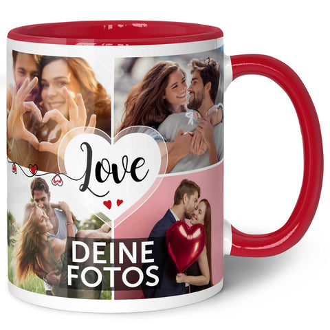 Bedruckte Tasse mit dem Spruch Love und acht eigenen Fotos