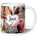 Bedruckte Tasse mit dem Spruch Love und acht eigenen Fotos