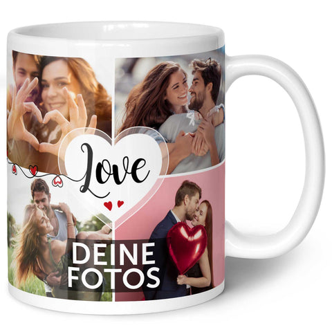 Bedruckte Tasse mit dem Spruch Love und acht eigenen Fotos