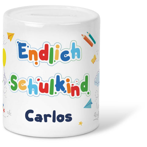 Bedruckte Spardose für Kinder - Endlich Schulkind Design - mit Namen personalisiert