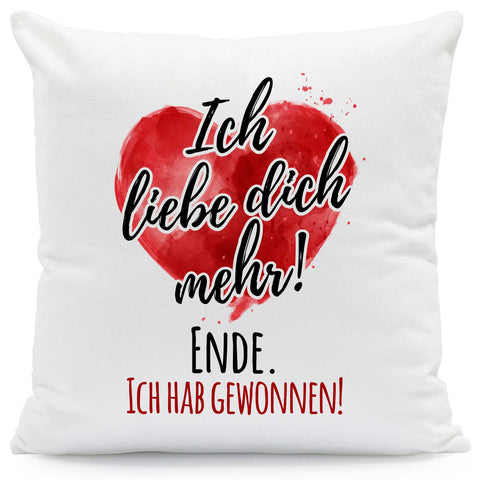 Bedrucktes Kissen mit Motiv Ich liebe dich mehr