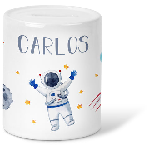 Bedruckte Spardose für Kinder - im Astronaut Design - mit Namen personalisiert