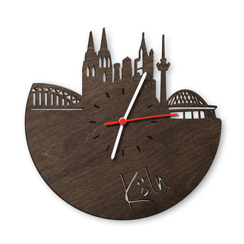 Wanduhr aus Holz Skyline Köln