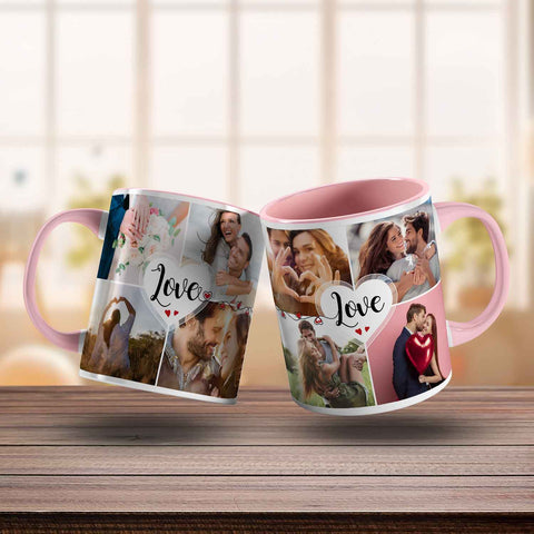 Bedruckte Tasse mit dem Spruch Love und acht eigenen Fotos