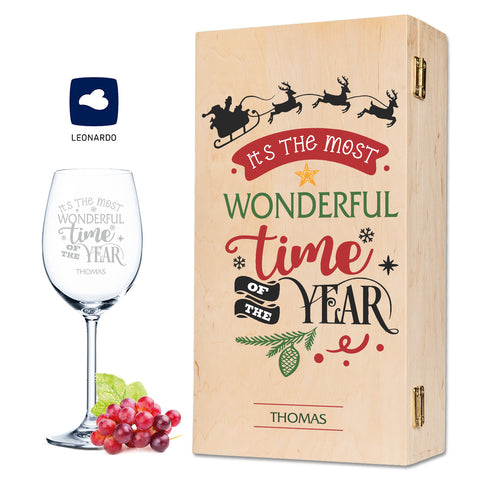 Leonardo Weinglas mit Gravur im "Wonderful time of the Year" Design inkl. Holzkiste