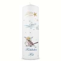 Große Kerze "Engel & Schwalbe" bedruckt mit Wunschtext zu Weihnachten
