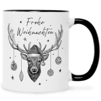 Bedruckte Tasse mit Weihnachtsmotiv im Frohe Weihnachten Elch Design in Schwarz & Weiß