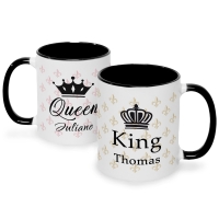 Bedruckte Tassen mit Spruch - King & Queen mit Namen in Schwarz & Weiß