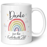 Bedruckte Tasse mit Spruch "Danke für die Kunterbunte Zeit" - Regenbogen - Schwarz & Weiß